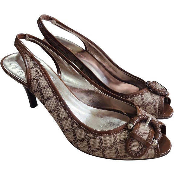 Etienne Aigner Shoes - Vtg Etienne Aigner Slingback Heels Women 9M Brown Monogram Peep Toe Buckle Y2K